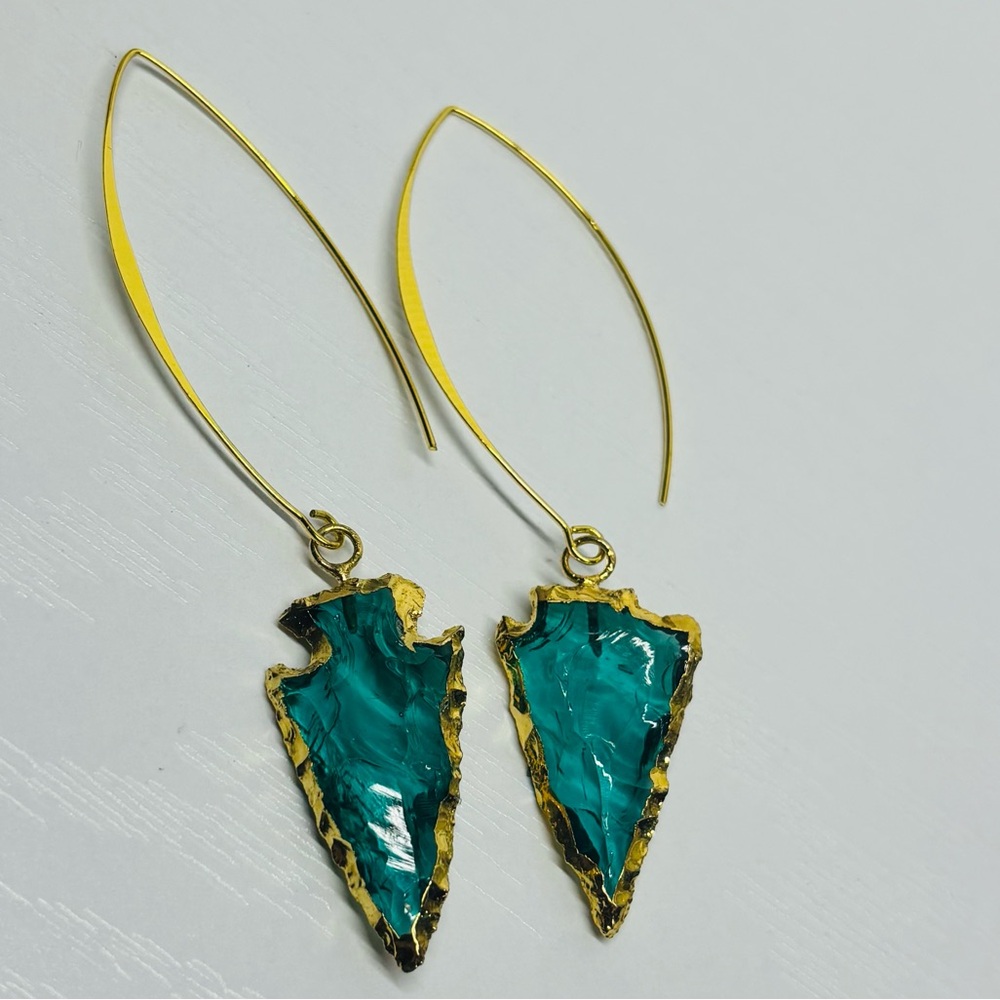 NWOT Handmade Elegant Gold and Teal Arrowhead Earrings - Picture 3 of 3